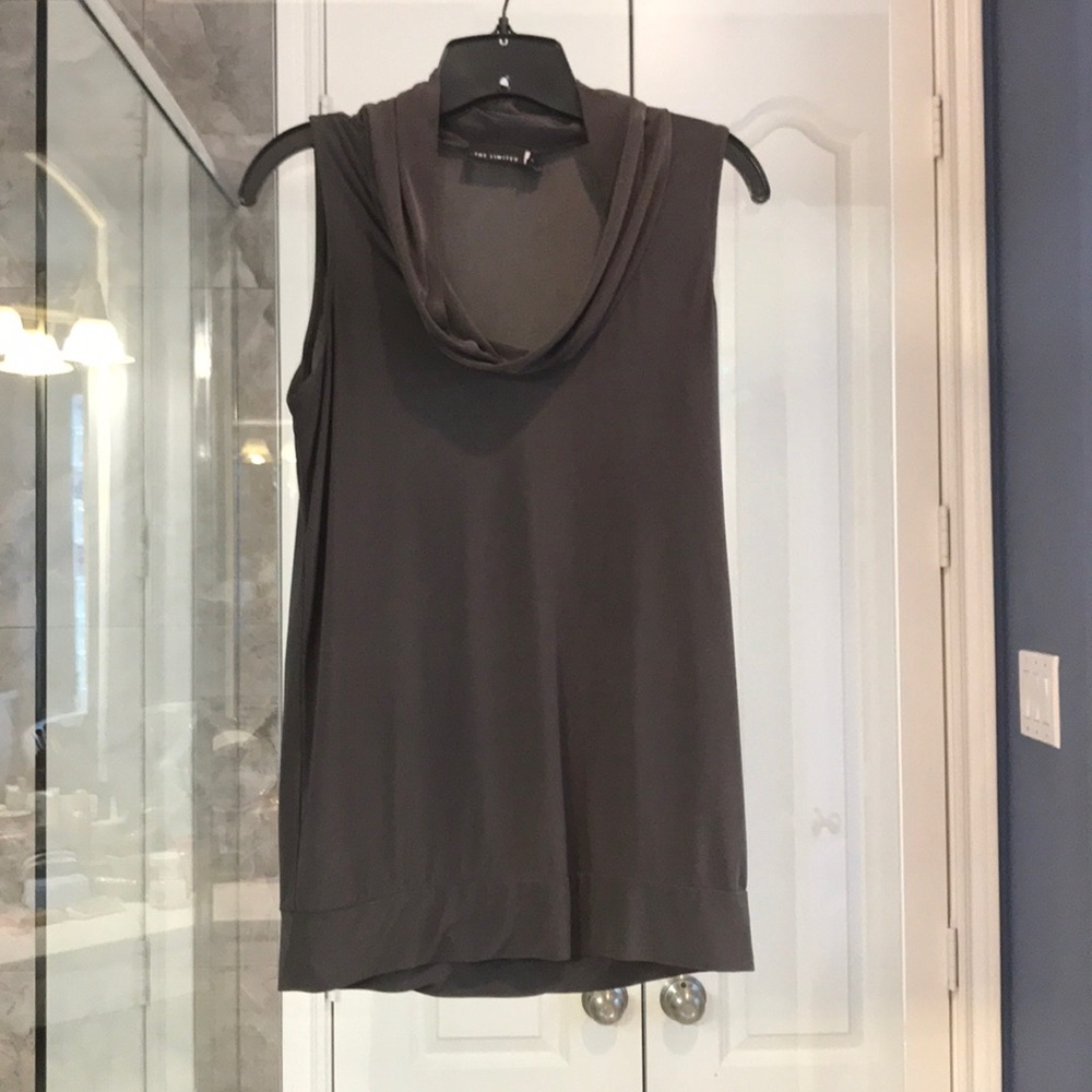 Gray sleeveless top with scooped neckline